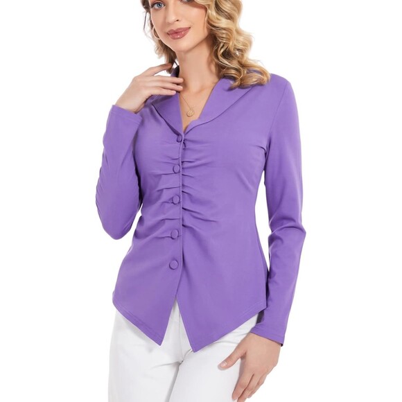 Purple Long Sleeve Button-Up Blouse with Pleated Front Design - Picture 8 of 10